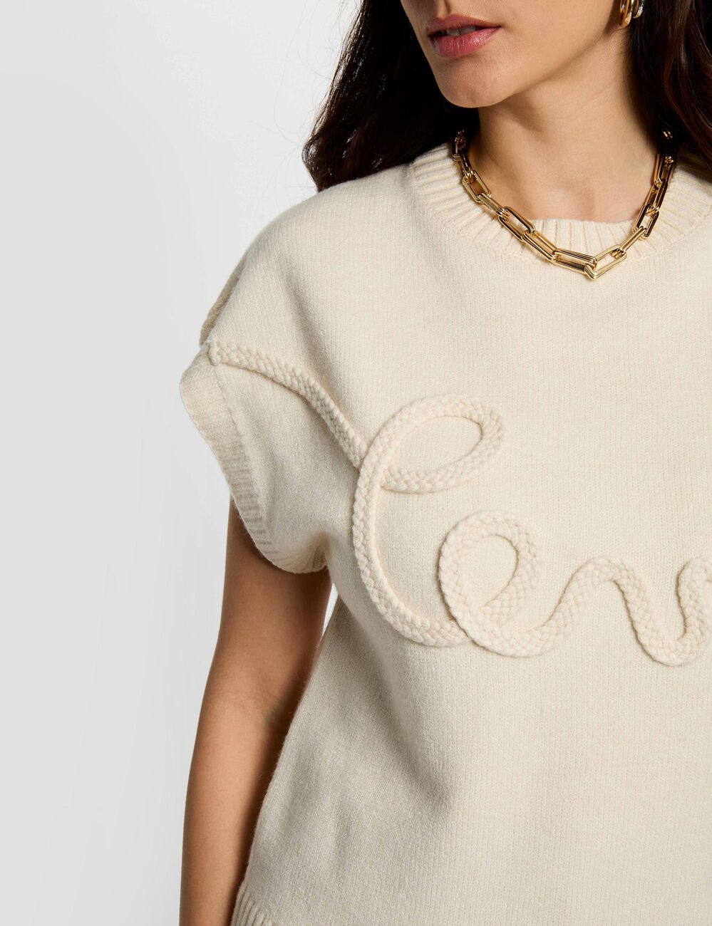 Pull col rond brod&eacute; creme femme