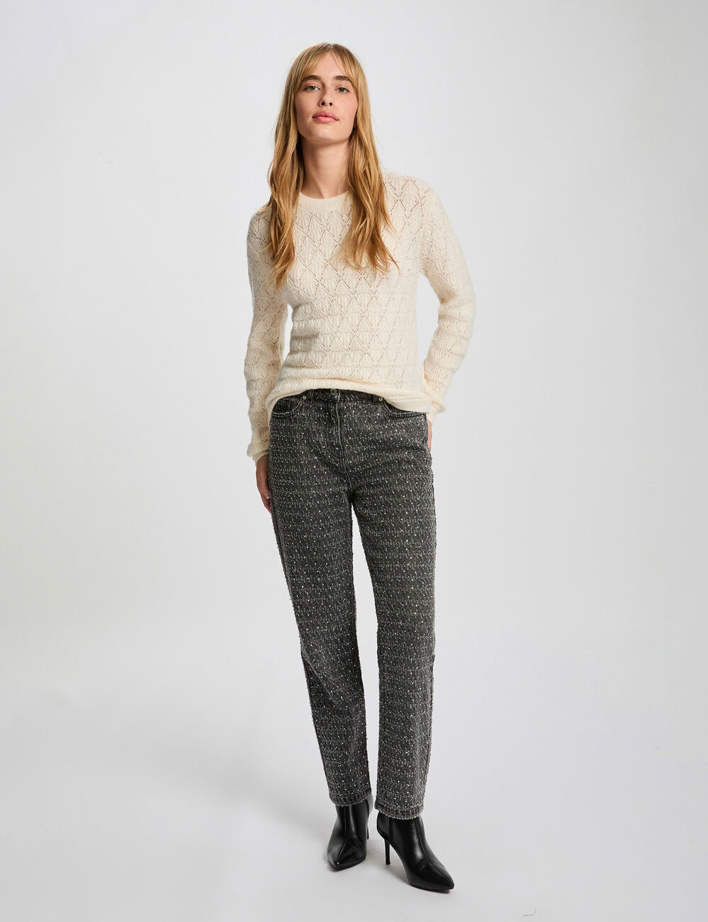 Pullover mit Rundhals und Muster elfenbein damen