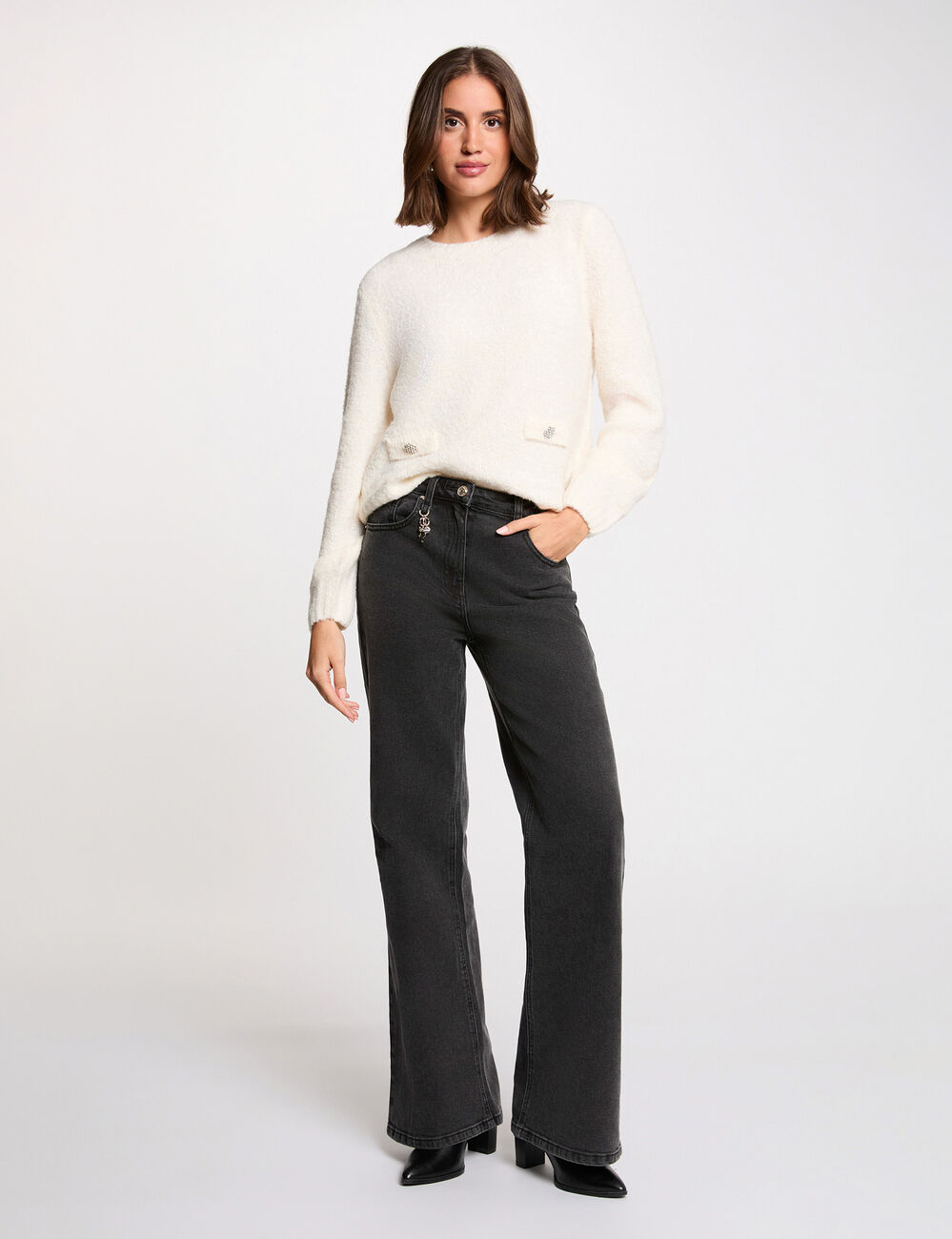 Pull &eacute;pais col rond ivoire femme