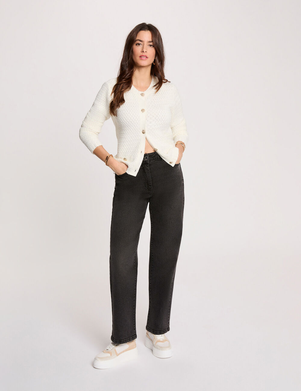 Strickjacke mit Rundhalsausschnitt weiss damen