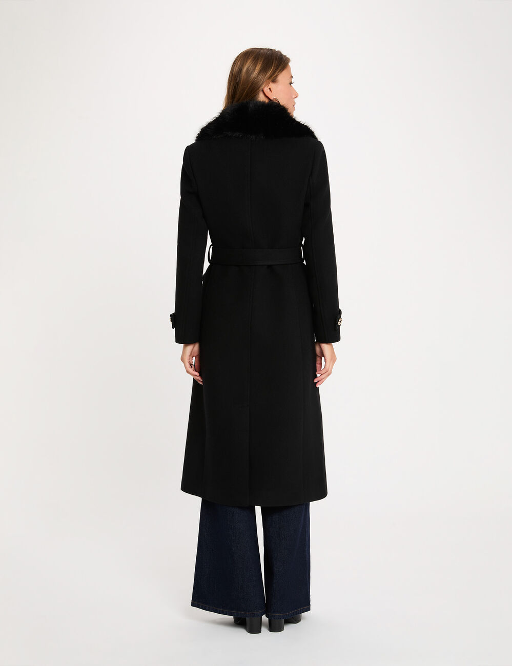 Manteau long ceintur&eacute; noir femme