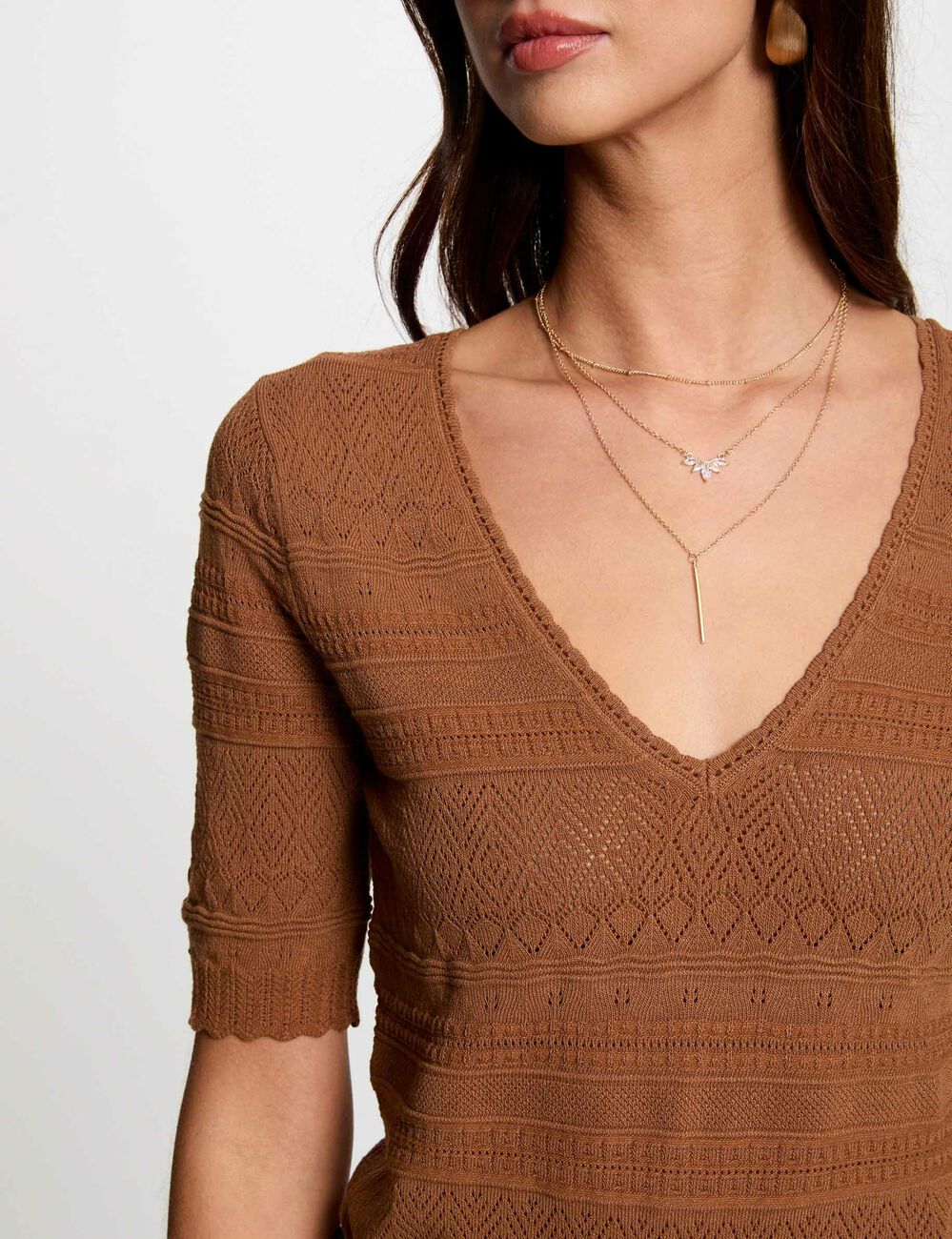 Pull manches courtes marron cognac femme