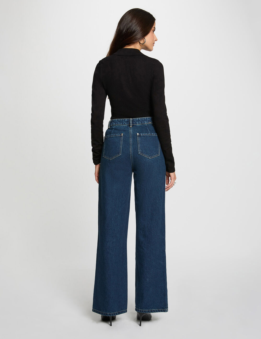 Pull ajusté col polo noir femme