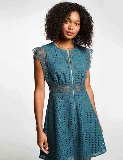 Kurzes ausgestelltes Kleid mit Spitze petrobleu damen