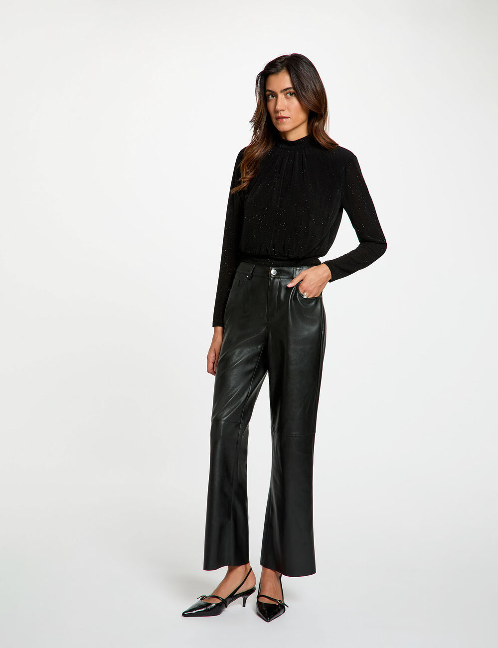 T-shirt col montant strass noir femme
