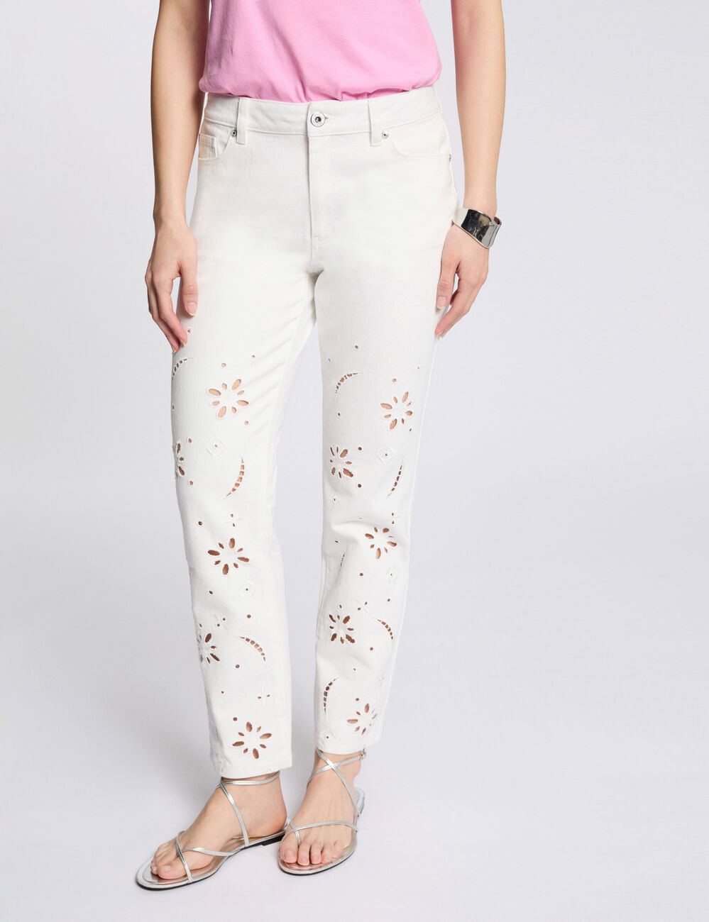 Bestickte gerade Jeans weiss damen