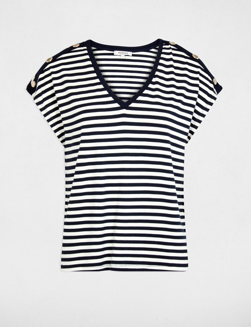 T-shirt ray&eacute; col v bleu marine femme