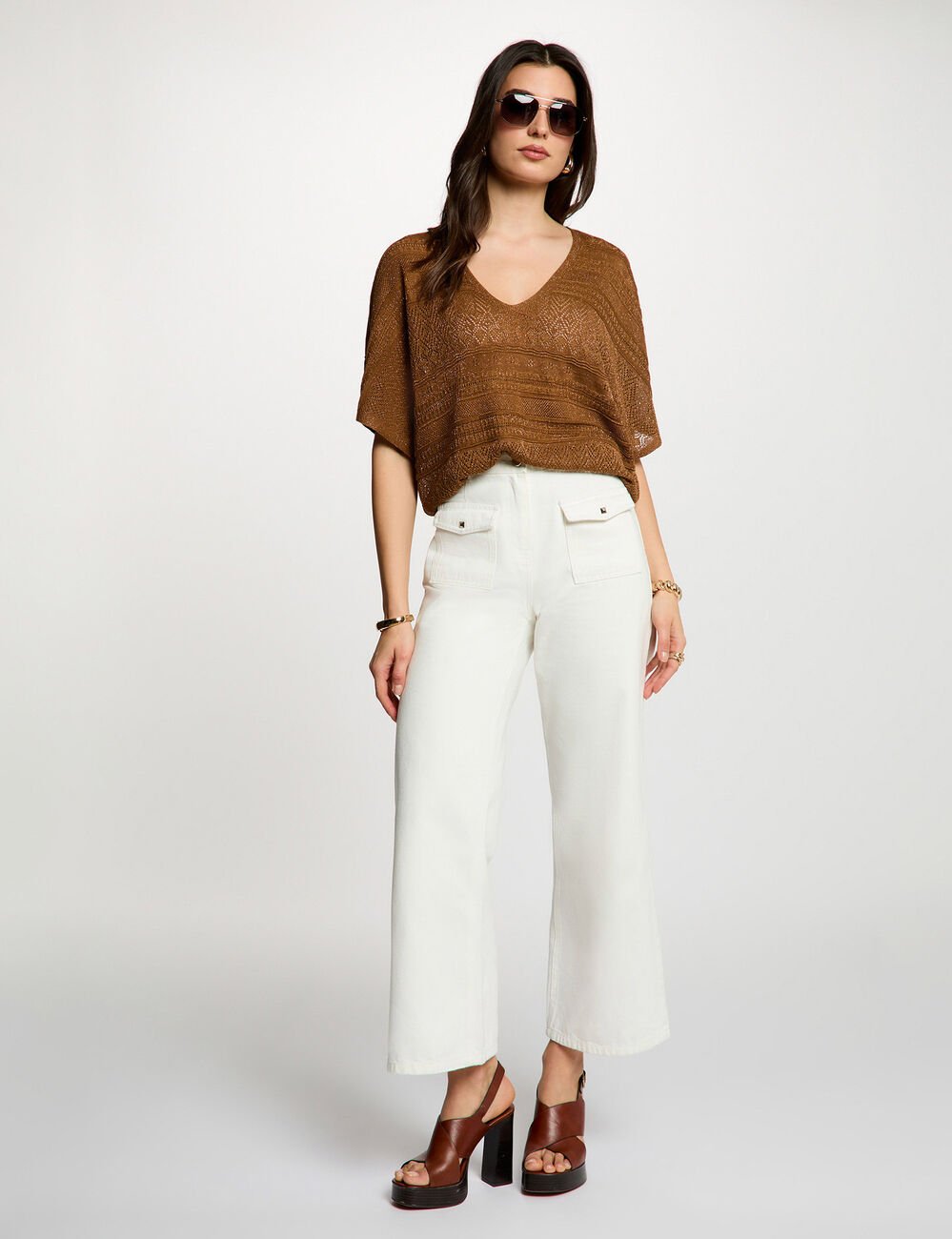 Pull oversize col v camel femme