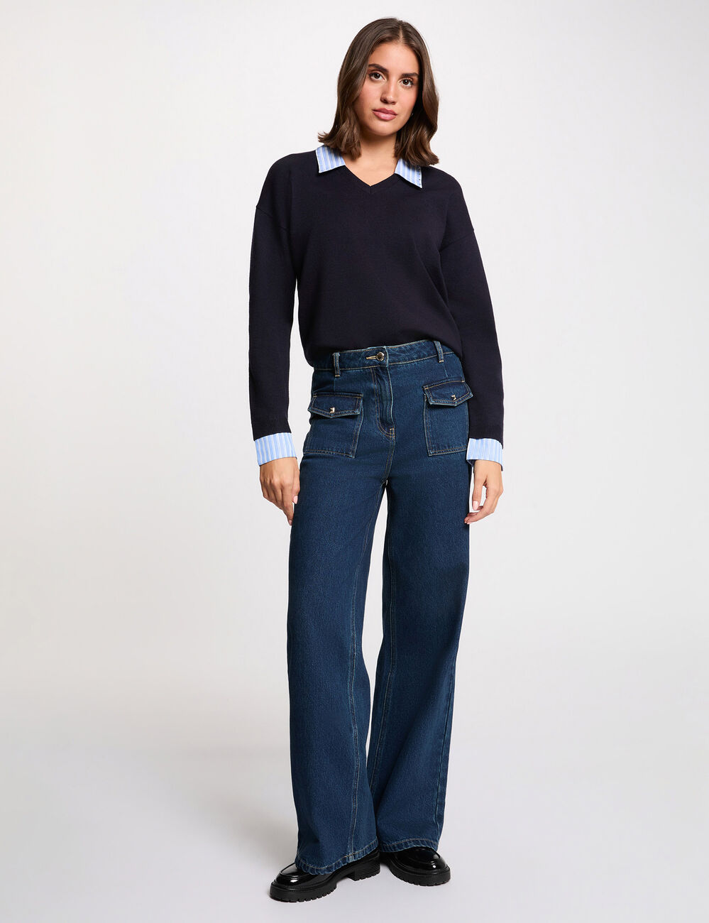 Gestreifter Pullover mit Reverskragen marineblau damen