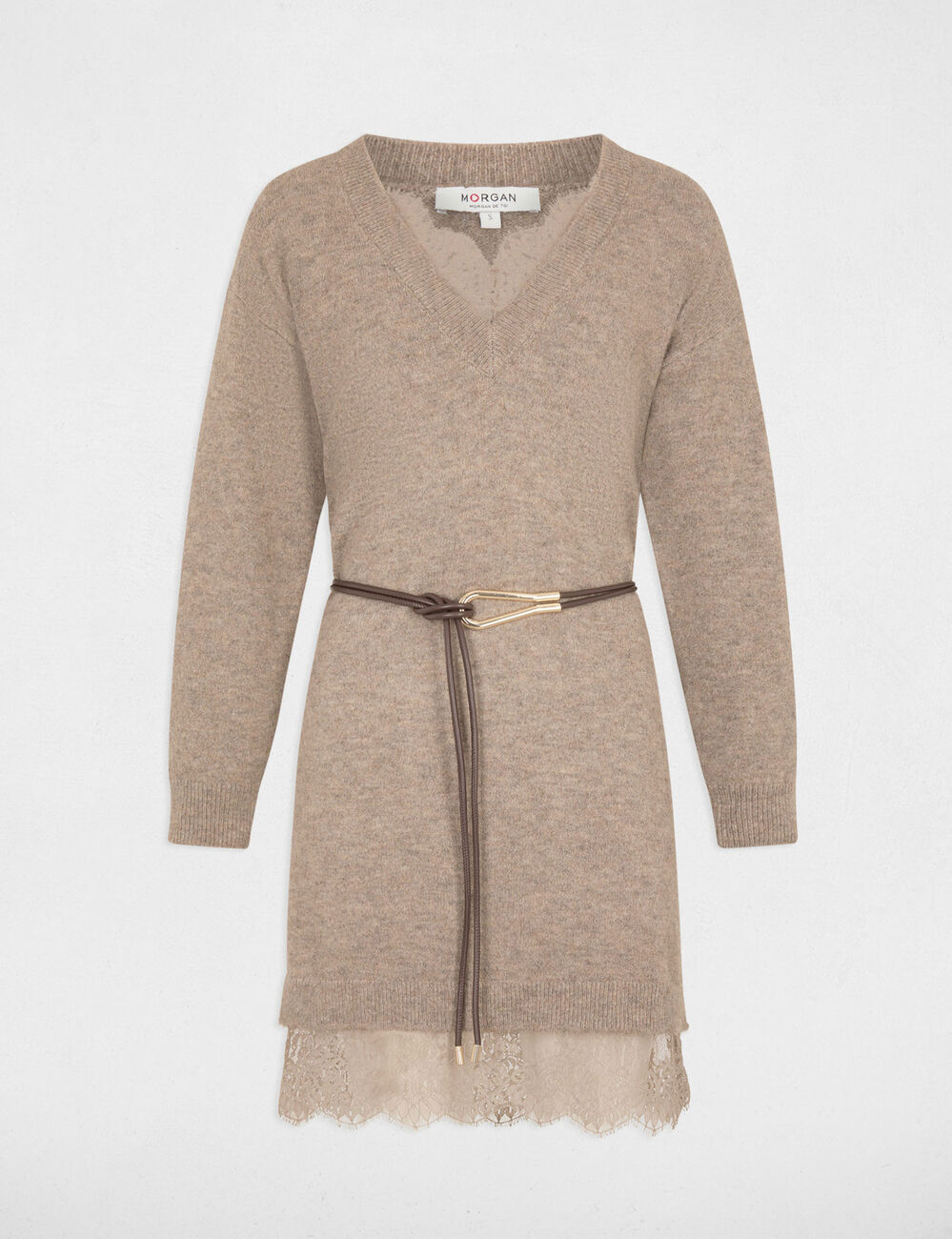 Robe tricot col v taupe femme