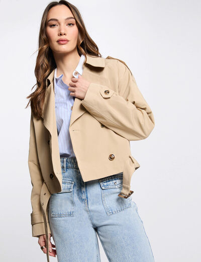 Trench court ceinturé beige femme