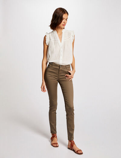 Pantalon slim enduit vert kaki femme