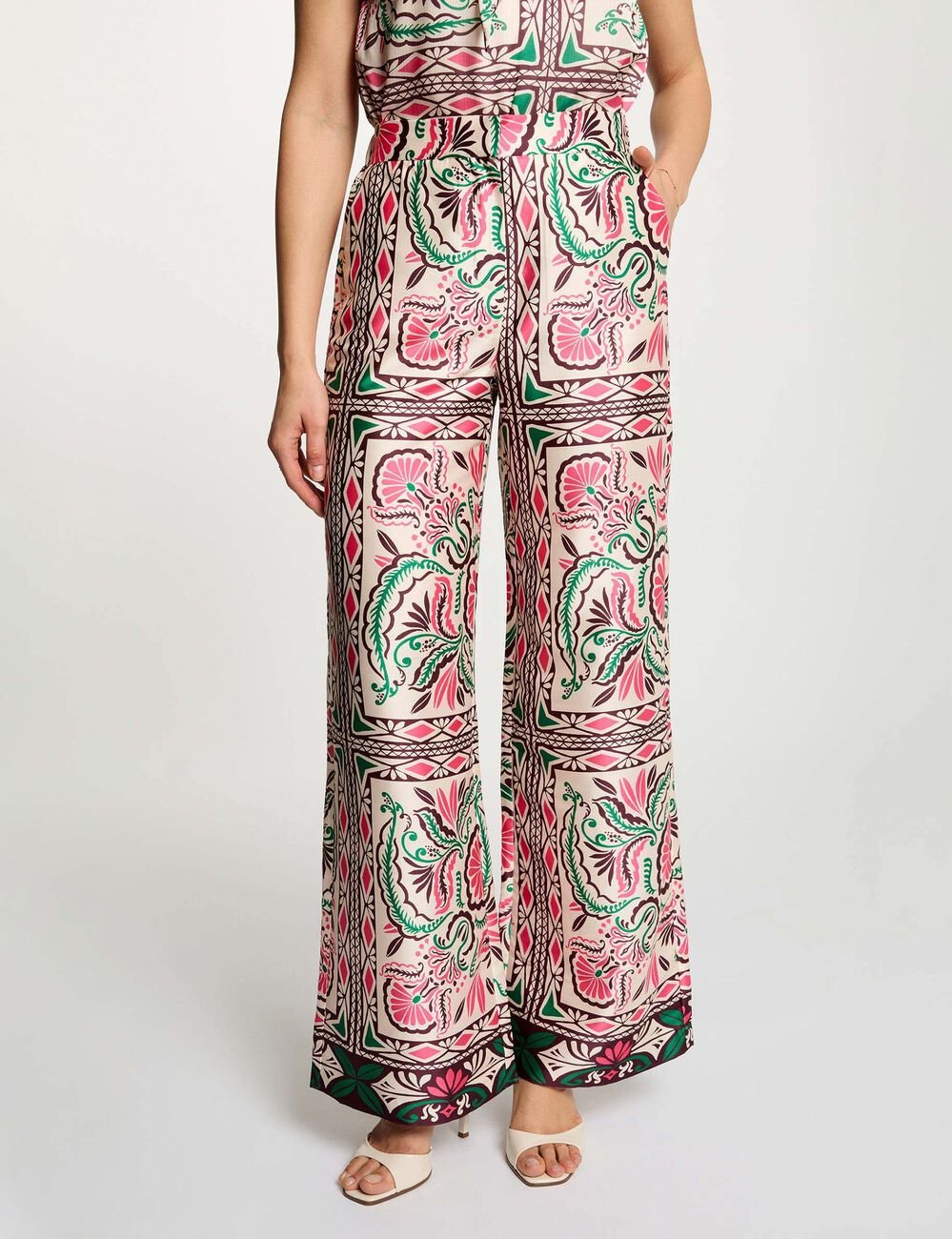 Pantalon large satin&eacute; multicolore femme