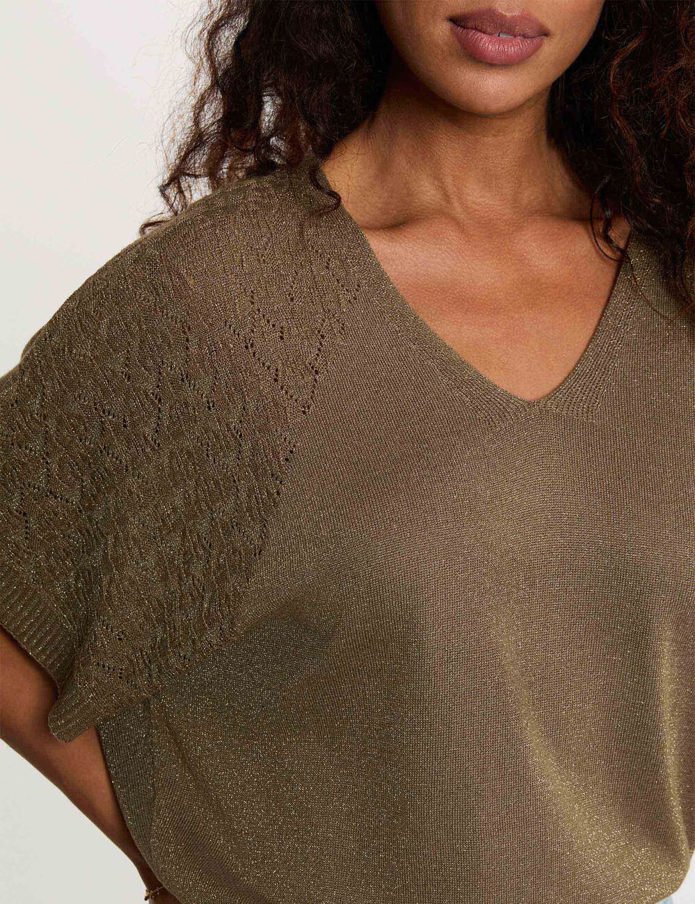 Pull oversize col v vert kaki femme