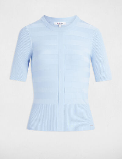 Pull col rond manches courtes bleu ciel femme