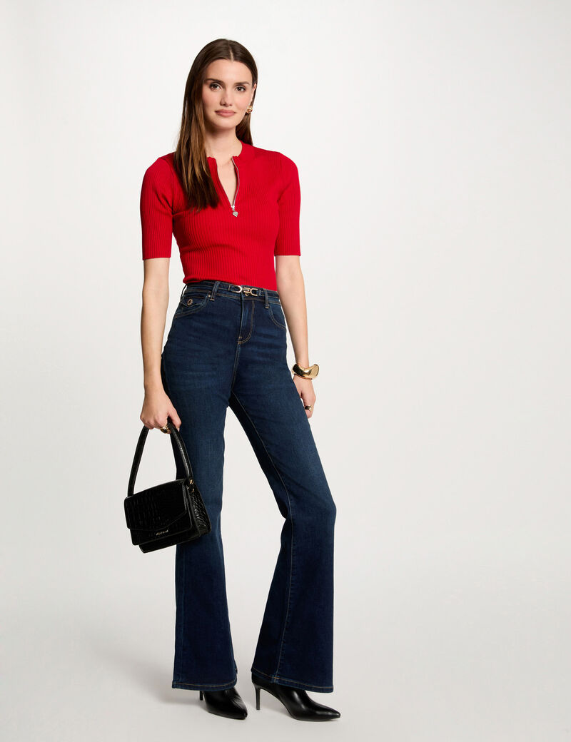 Pull manches courtes côtelé rouge femme