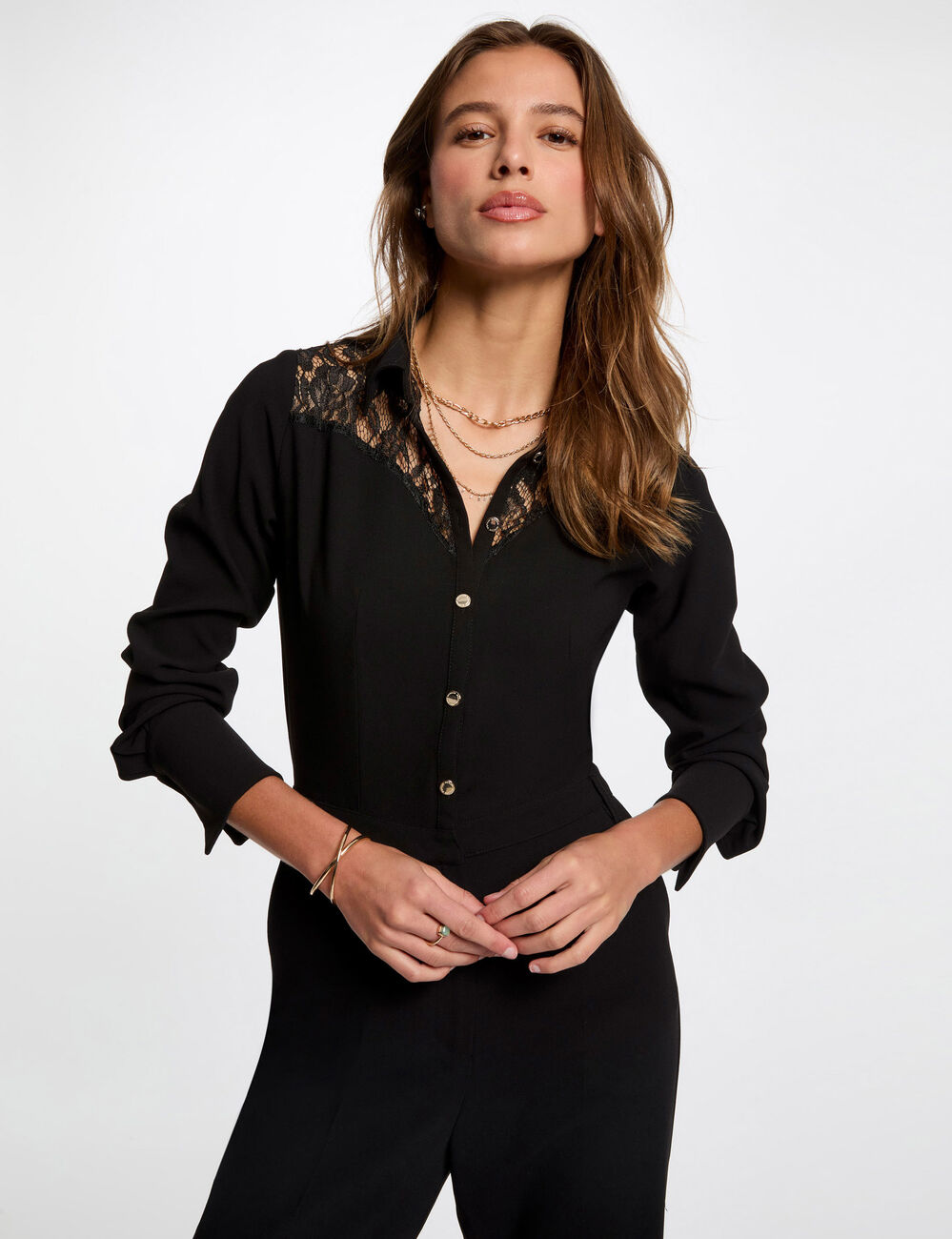Langer Jumpsuit mit Spitze schwarz damen