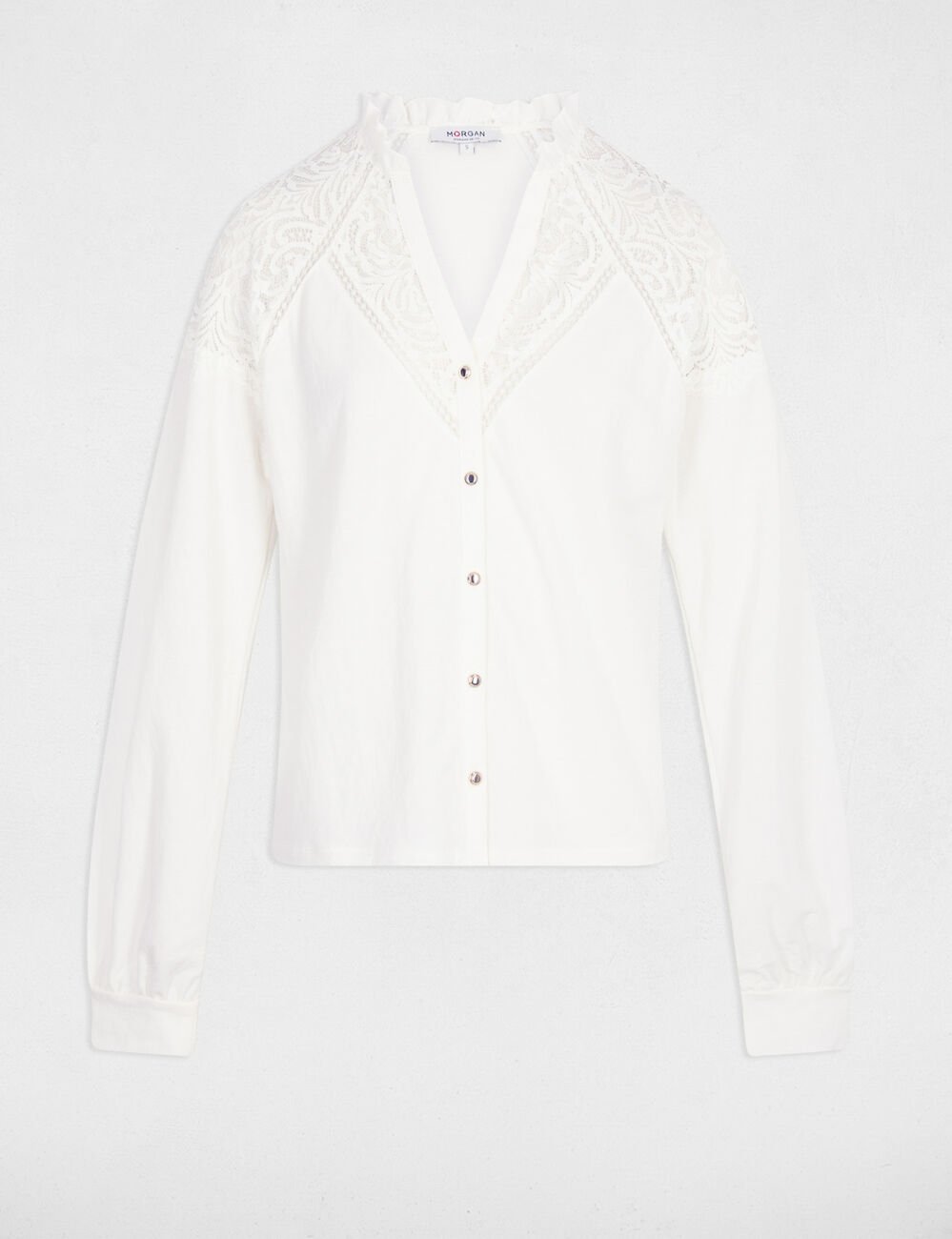 T-shirt dentelle col v blanc femme