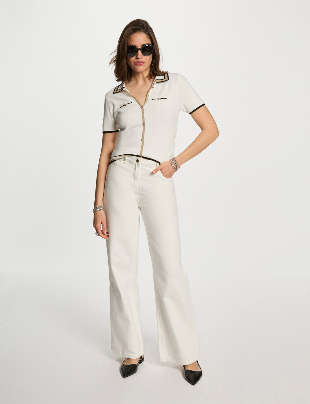 Pull col polo manches courtes blanc femme