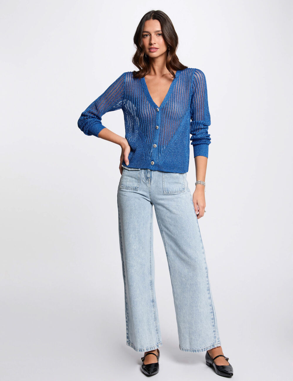 Gilet manches longues ajouré bleu electrique femme