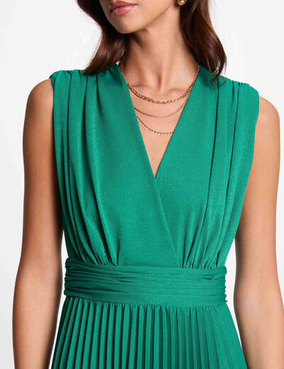 Robe longue droite plissée vert émeraude femme