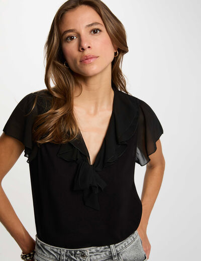 T-shirt col lavalli&egrave;re noir femme