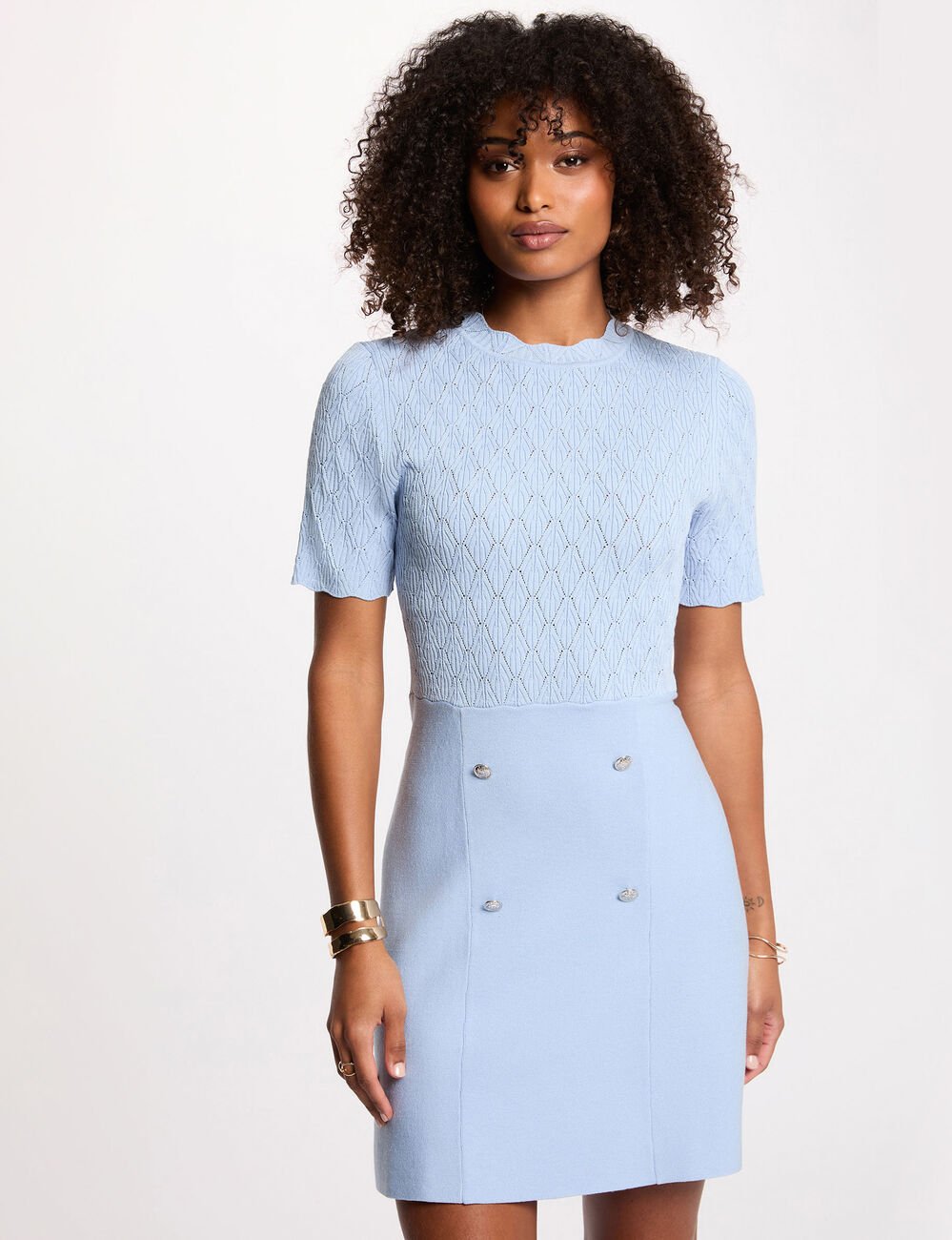 Robe tricot courte col rond bleu ciel femme