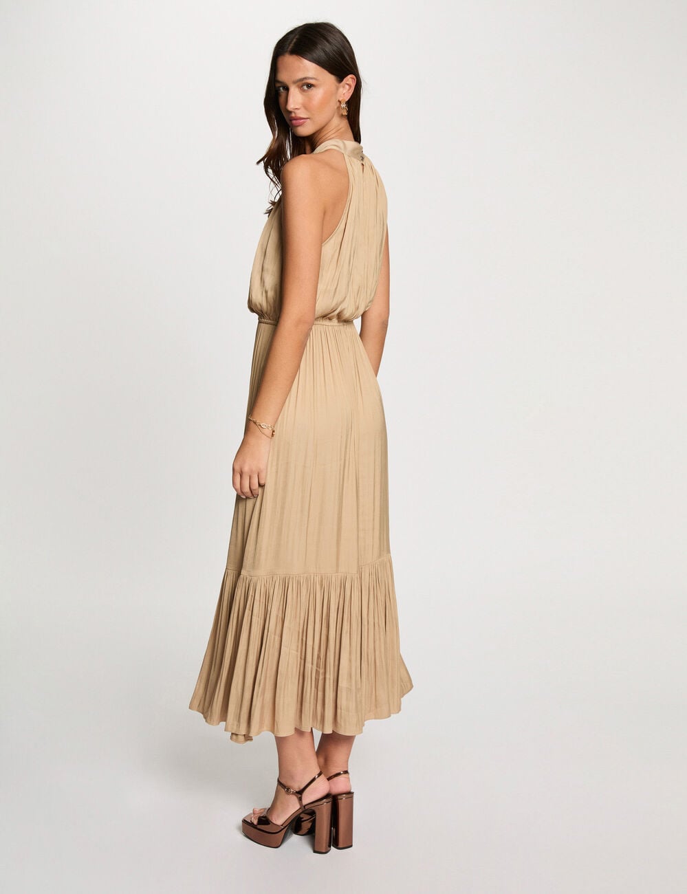 Langes Kleid mit Stehkragen beige damen