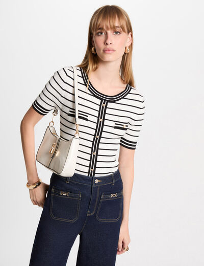 Kurzärmeliger, gestreifter Pullover weiss damen
