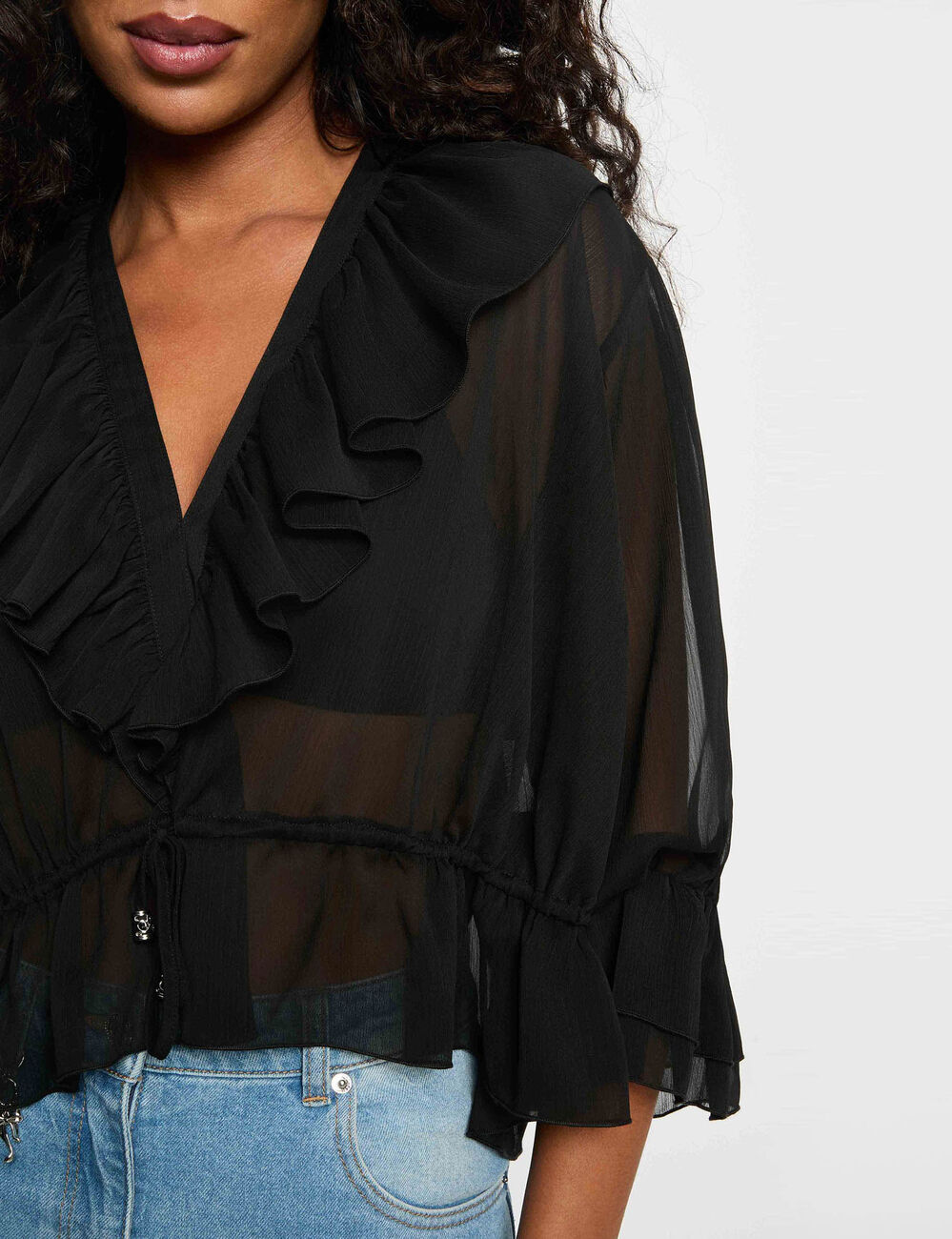 Bluse aus Voile mit V-Ausschnitt schwarz damen