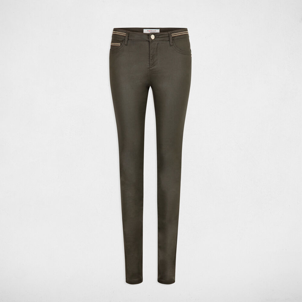 Pantalon slim enduit vert foncé femme