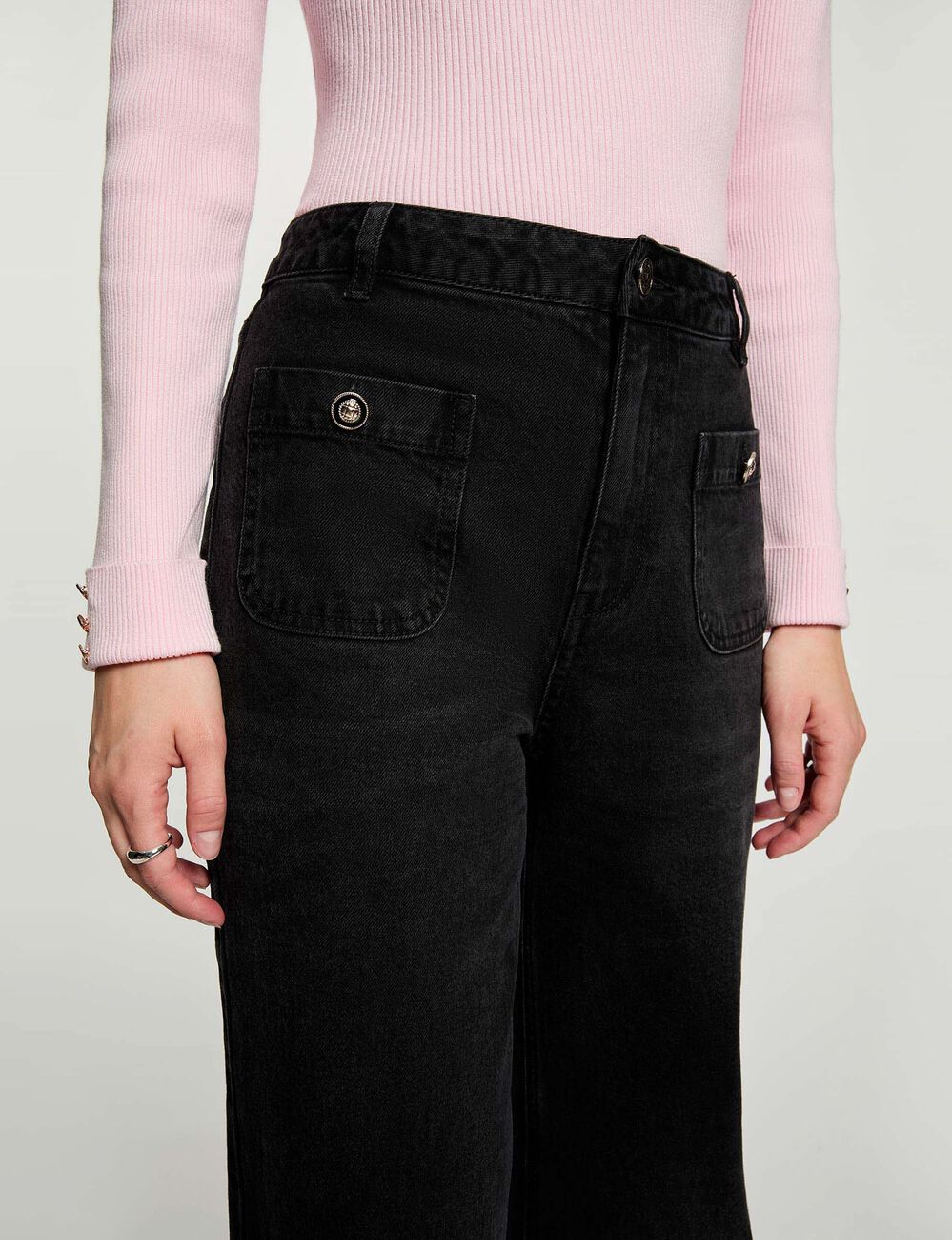 Weit geschnittene hochgeschnittene Hose schwarz denim damen