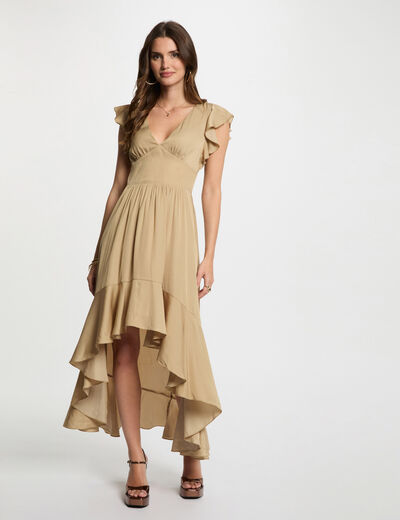 Robe longue droite satin beige femme
