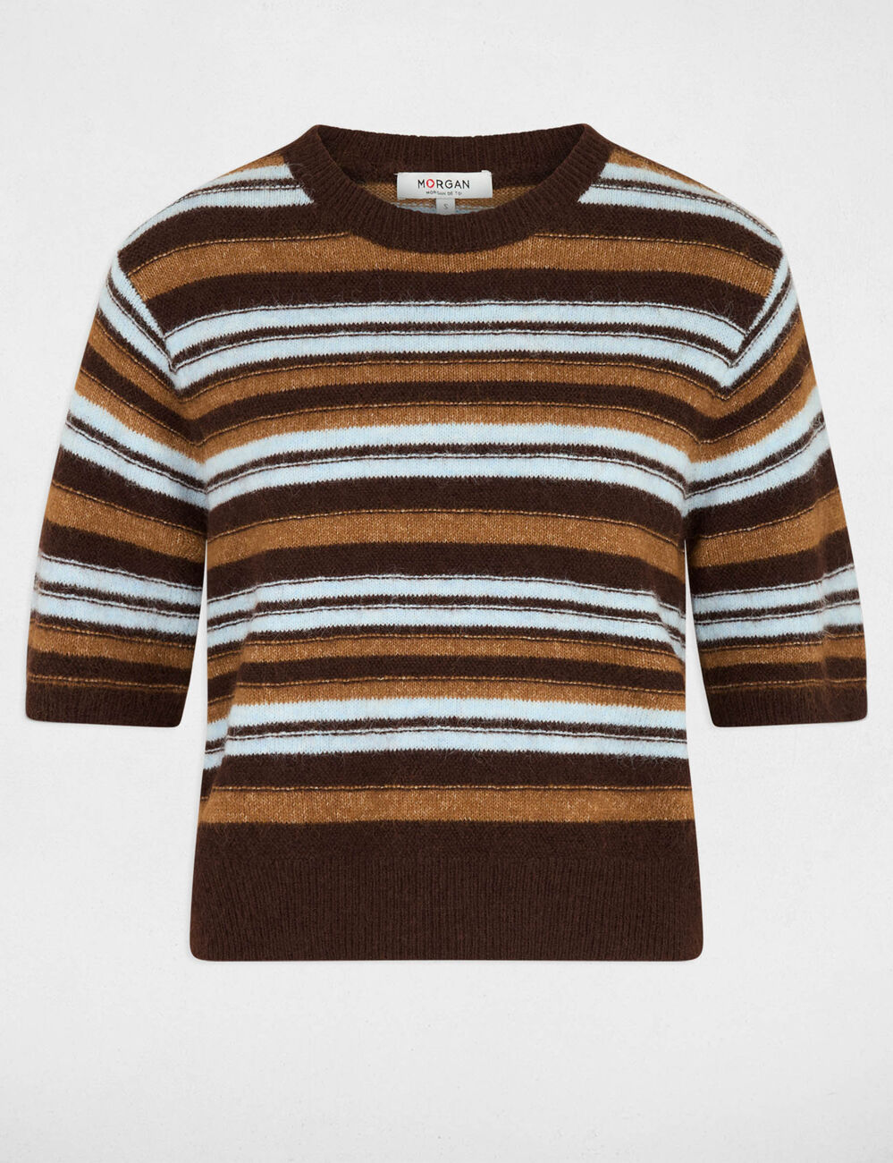 Pull manches courtes ray&eacute; marron femme