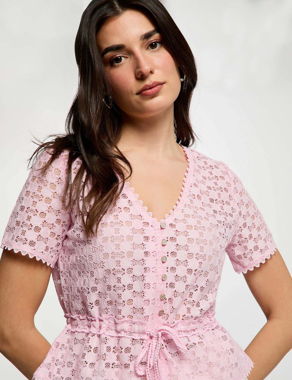 T-shirt manches courtes en dentelle rose femme