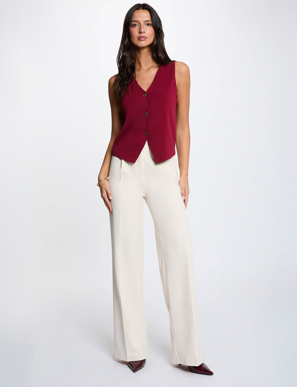 Gilet sans manches col v bordeaux femme
