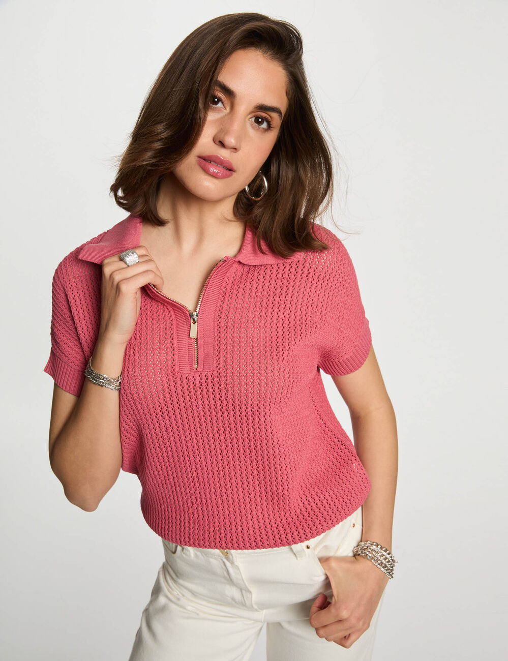 Rollkragenpullover mit Reißverschluss altrosa damen