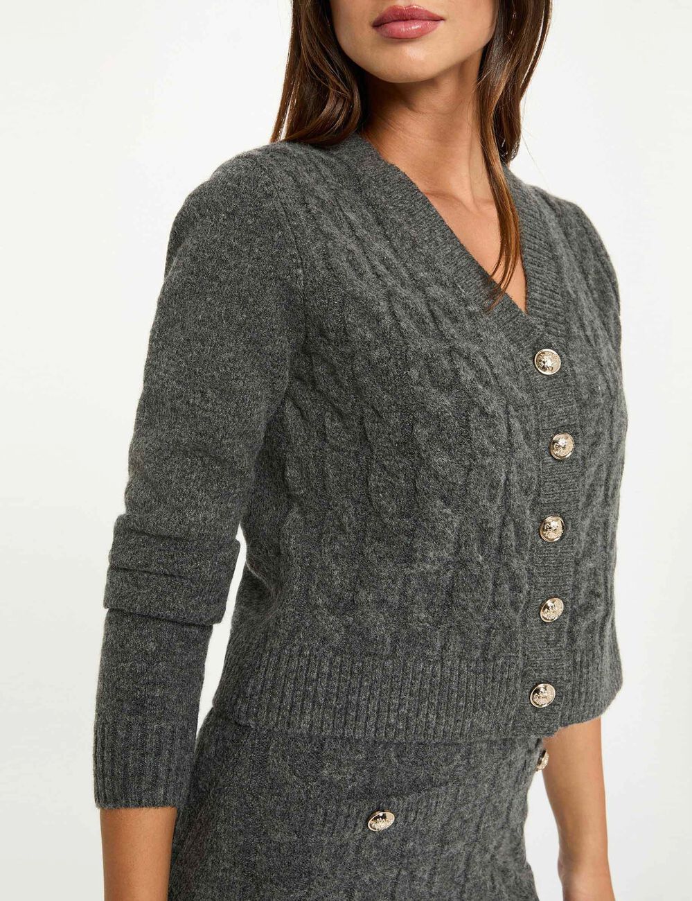 Robe tricot col v gris fonc&eacute; femme