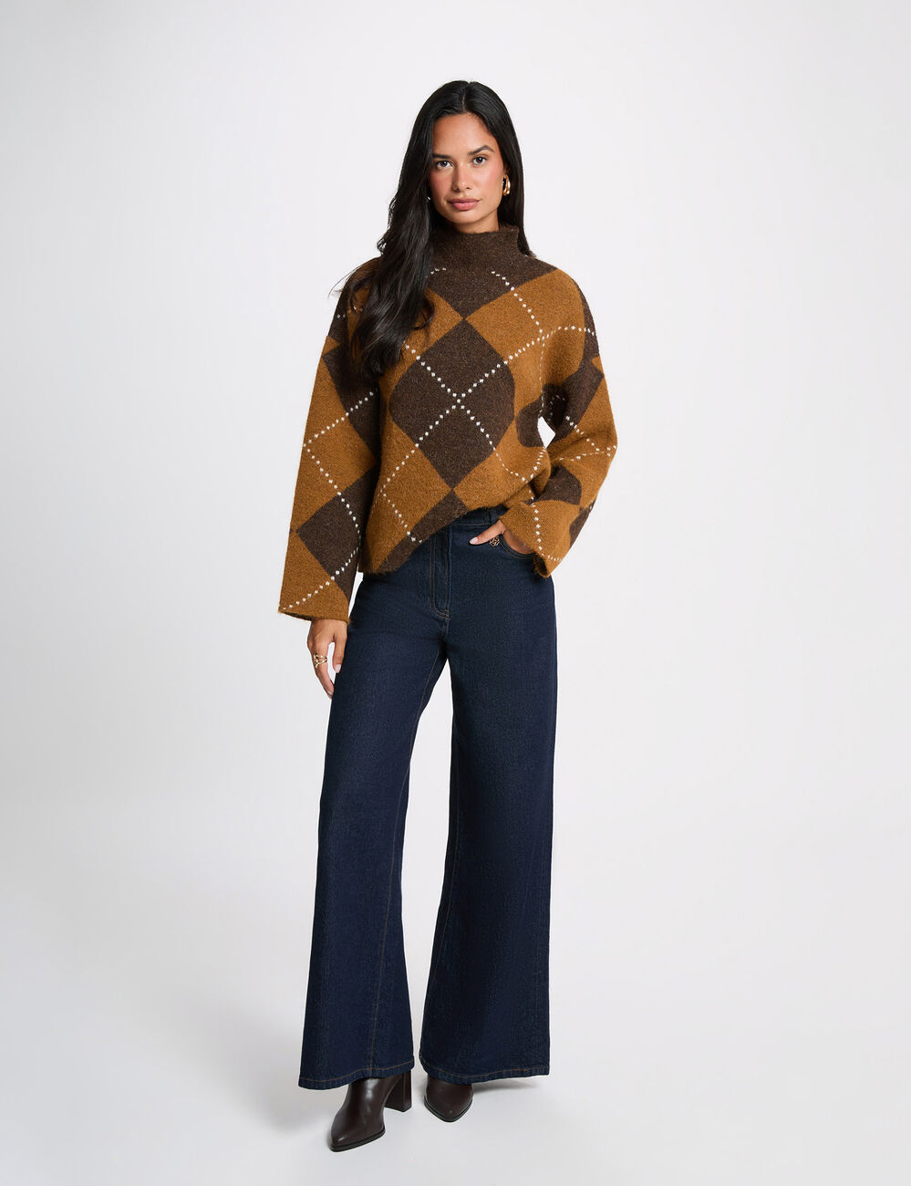 Pull col roul&eacute; marron femme