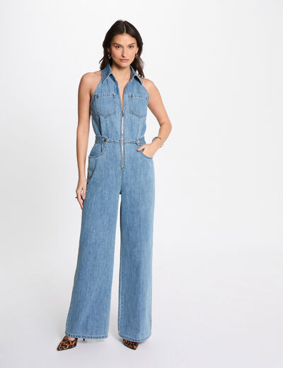 Combinaison longue en jean denim bleach femme