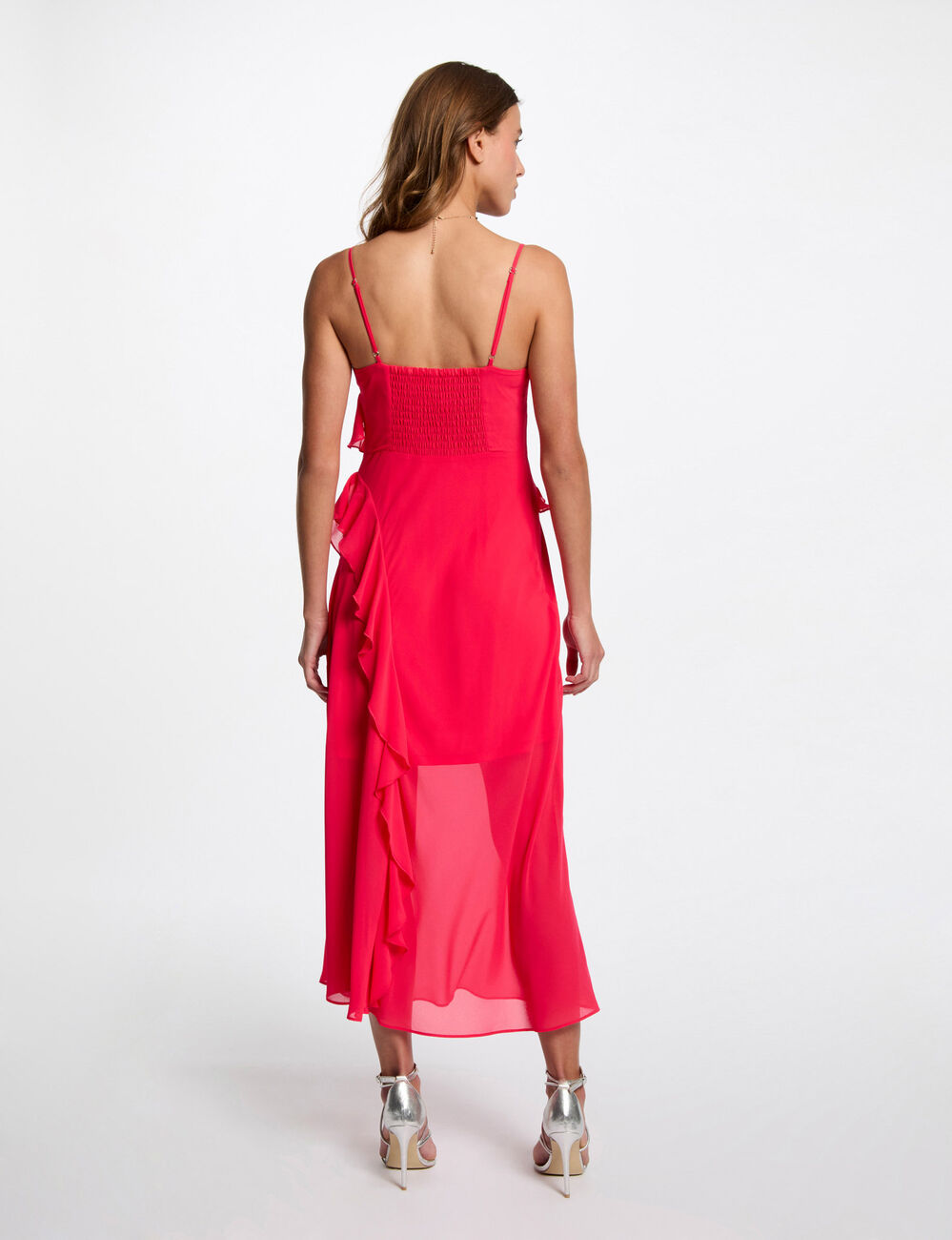 Eng anliegendes Midikleid mit Volants fuschia rot damen