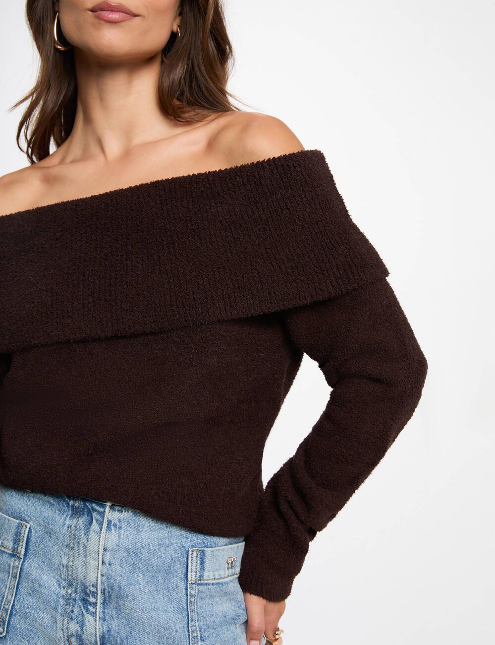 Off-Shoulder-Pullover dunkelbraun damen
