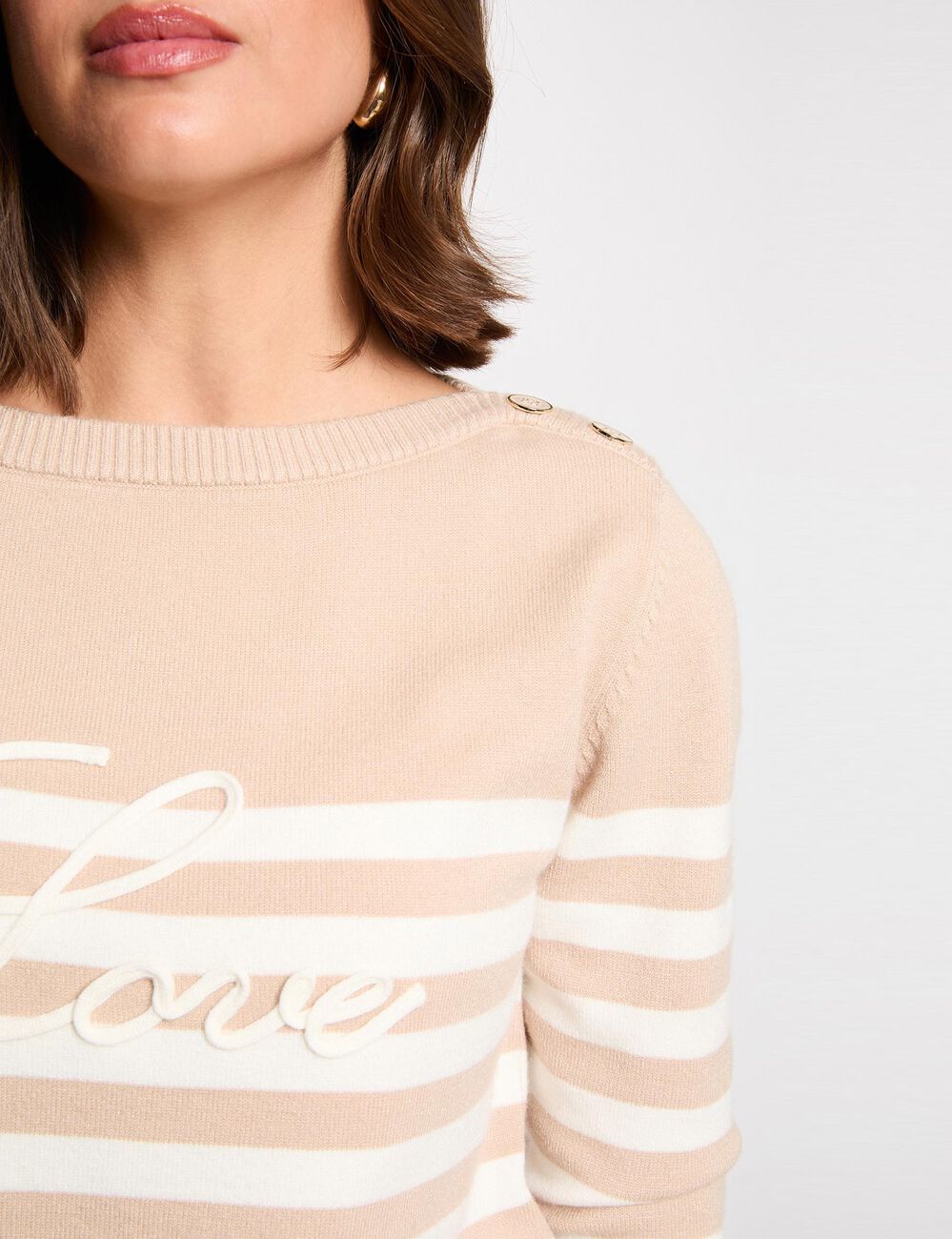 Gestreifter bestickter Pullover marron clair damen