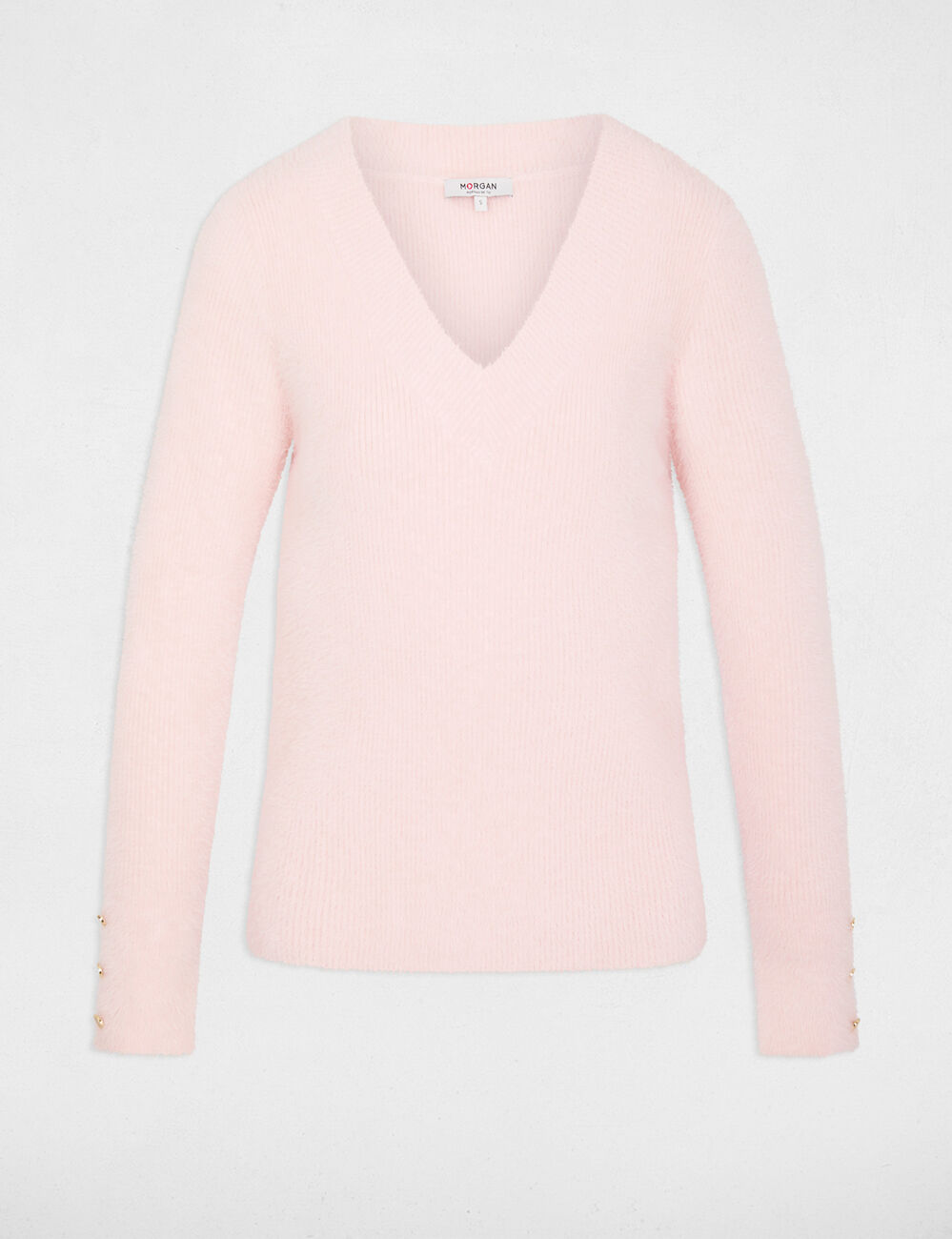 Pull col v manches longues rose clair femme