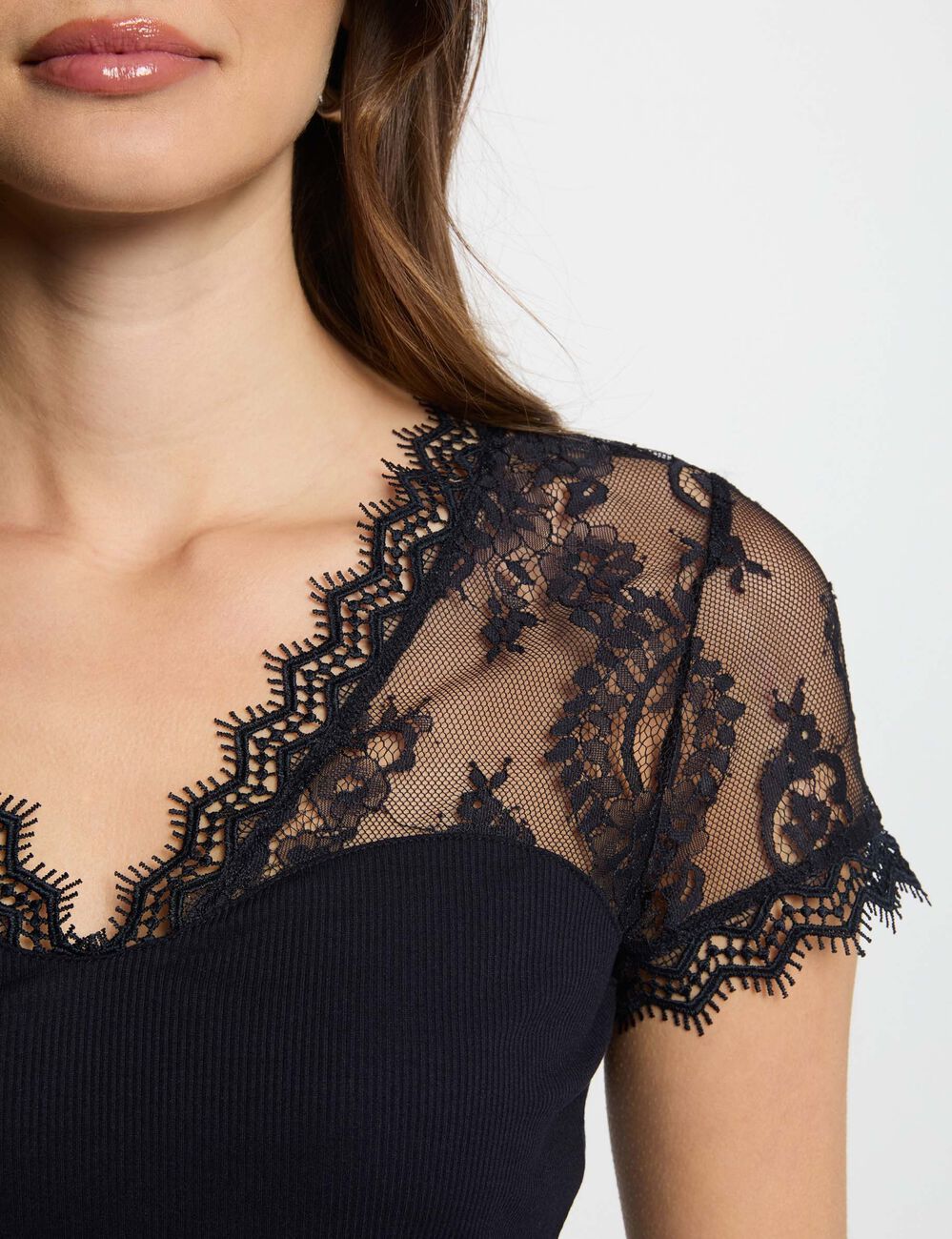 T-shirt manches courtes à dentelle bleu marine femme