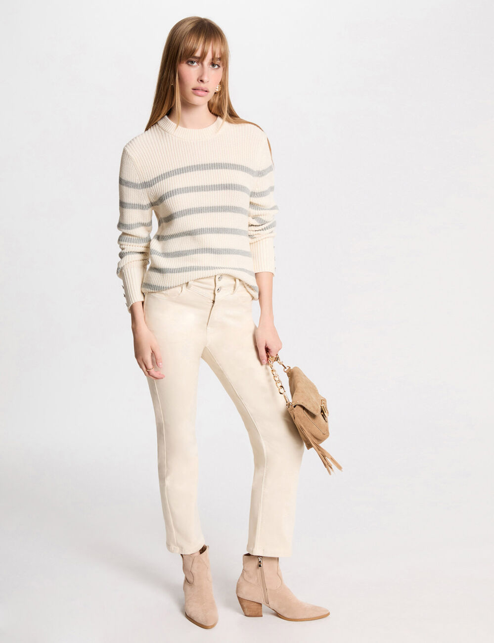 Rundhals-Pullover mit Streifen elfenbein damen