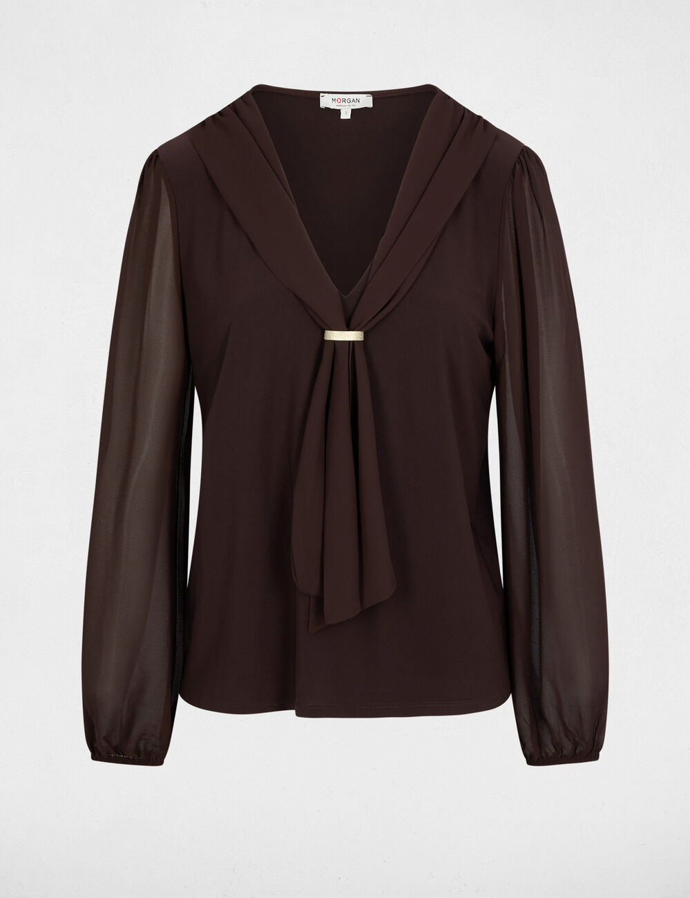 T-Shirt aus Voile mit Lavalli&egrave;re-Kragen dunkelbraun damen