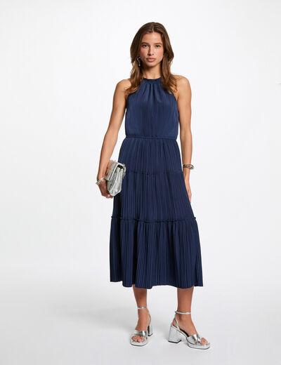 Robe midi droite satin bleu pétrole femme