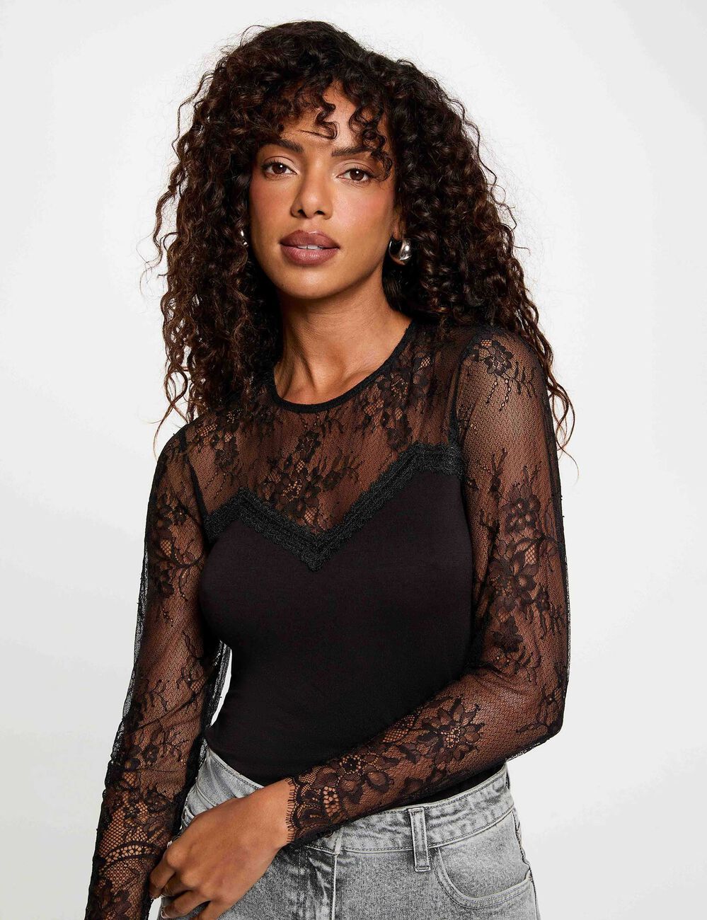 T-Shirt aus Spitze schwarz damen