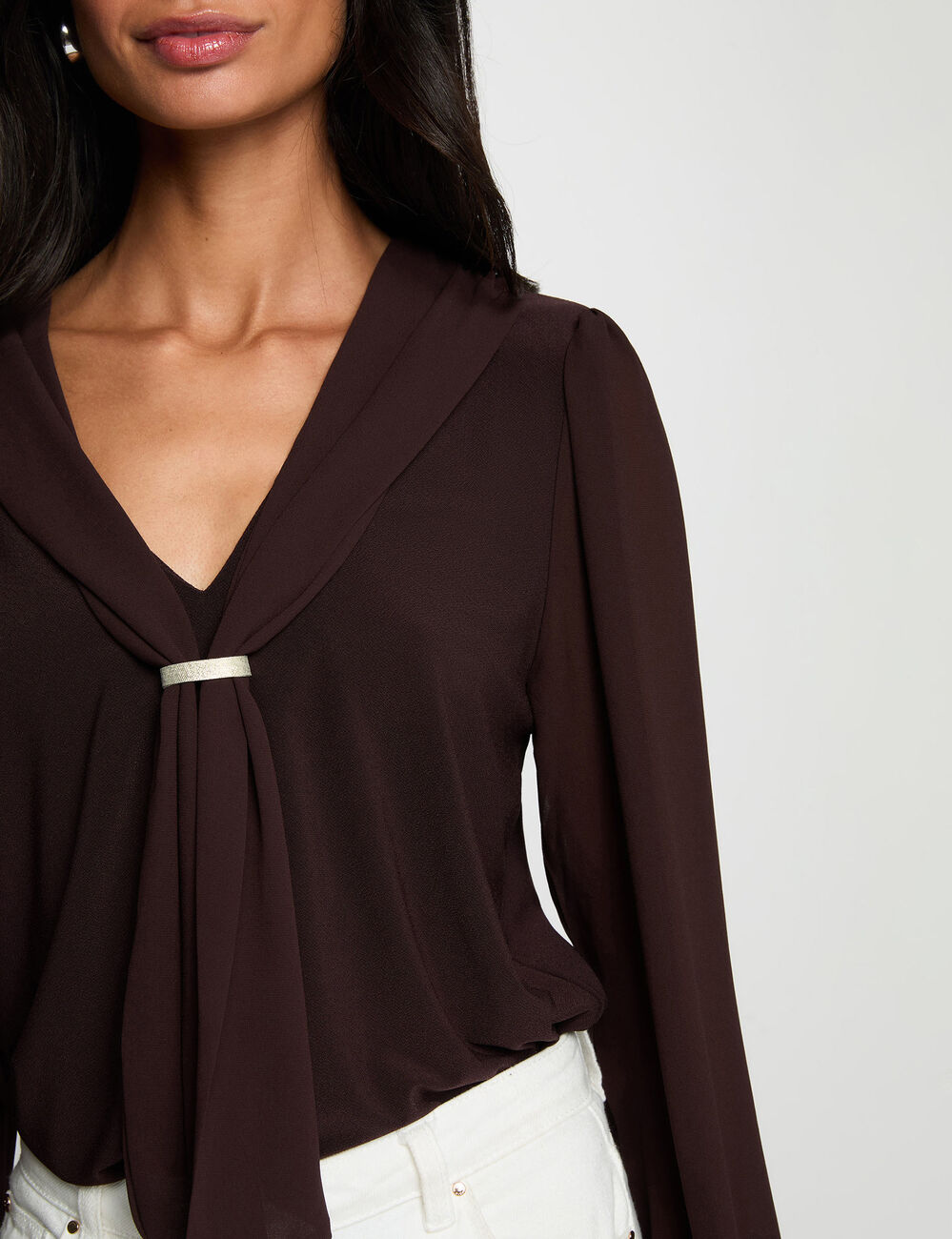 T-Shirt aus Voile mit Lavalli&egrave;re-Kragen dunkelbraun damen